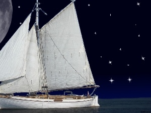 Night, moon, sailing vessel