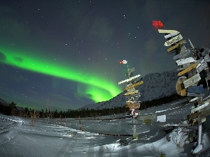 Night, snow, Mountains, dawn, signposts, Polaris