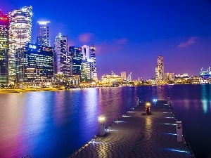 Night, pier, Town, skyscrapers, Singapur, Gulf