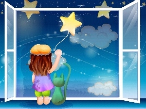 Night, Window, Kid, star, cat