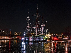 Night, port, sailing vessel, Masts