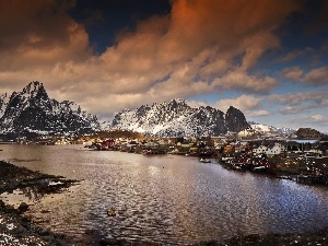 Norway, Town, lake, Mountains
