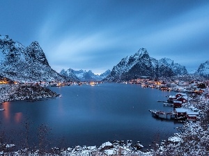 Norway, Houses, colony, lake, winter, Mountains