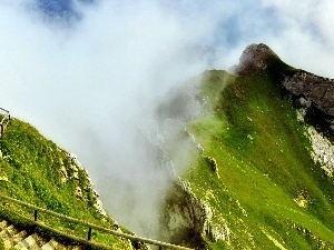 observational, terrace, Mountains, Fog