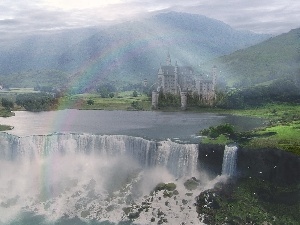 rays of the Sun, rainbows, waterfall, Castle, Mountains