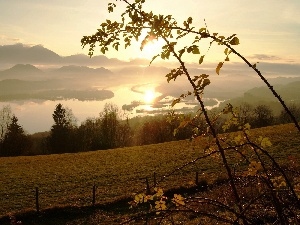 rays of the Sun, Mountains, River, field