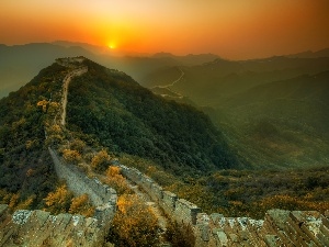 Wall of China, sun, mountains, China, west
