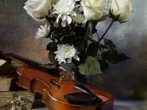 old, violin, bouquet, Books, flowers