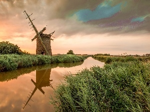 Old car, west, River, Windmill, grass