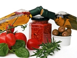 tomatoes, olives, oil