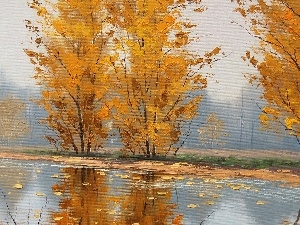 paint, trees, viewes, autumn, picture, River