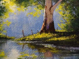 painting, viewes, green, water, paint, trees