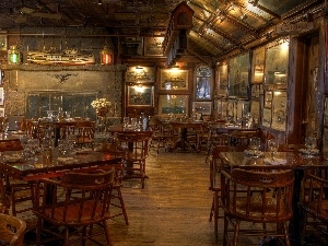 Paintings, Stool, Restaurant, glasses, tables