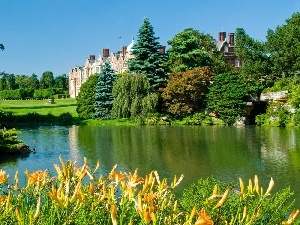 England, palace, viewes, lake, Sandringham, Flowers, trees