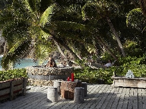 rocks, Palms, Ocean, Hotel hall, Seychelles, terrace