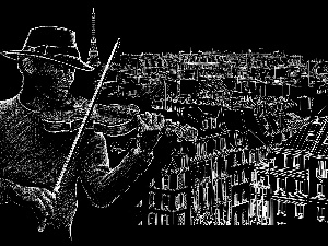 panorama, violin, graphics, town, a man