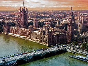 panorama, bridge, London, town, Big Ben
