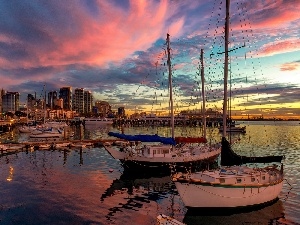 clouds, panorama, port, Boats, town, Yachts, vessels