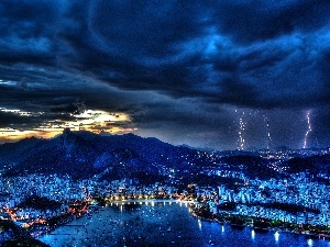 Night, Rio de Janerio, town, River, clouds, Mountains, panorama