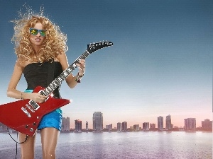 panorama, Electric, Blonde, town, Guitar