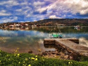 panorama, Boats, lake, town, Mountains