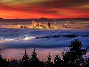 town, Fog, panorama, River, Vancouver, bridge