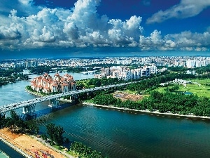panorama, bridge, Singapur, town, River