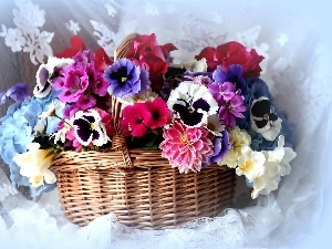 pansies, flowers, bouquet, dahlias, Colorful