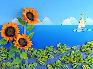 Papier Art, Boat, Flowers, lake