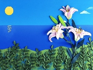 Papier Art, lilies, landscape, sun