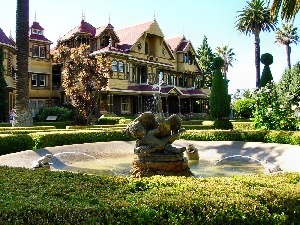 Park, house, fountain, Palms