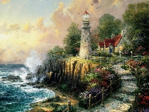 Path, Lighthouses, Coast, Thomas Kinkade, sea