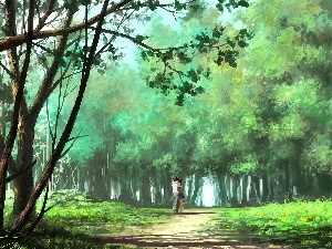 lovers, Path, forest, kiss, car in the meadow