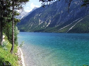 Path, forest, Mountains, River