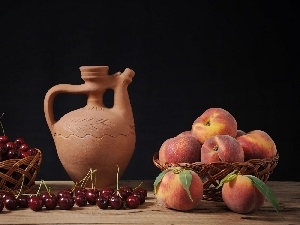 peaches, cherries, pitcher, basket