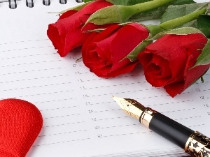 pen, Heart teddybear, roses, Calendar