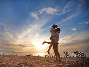 clouds, People, Bikes, Love, sea, Steam, Beaches