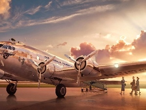 person, Airports, Boeing 307, clouds, CD