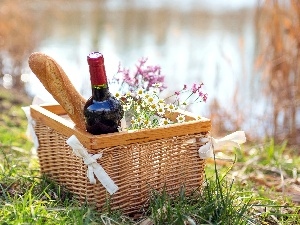 picnic, baguette, Wine, basket