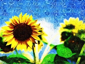 picture, oil, Nice sunflowers