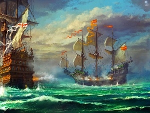 picture, battle, sailboats, sea