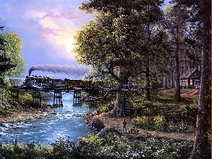 picture, River, Train, bridge