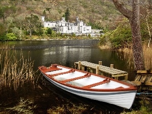 pier, Castle, lake, summer, Boat, forest