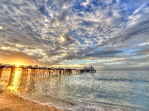 pier, sea, west, clouds, sun