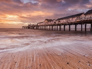 pier, sun, sea, Houses, east