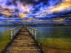 lake, pier, clouds