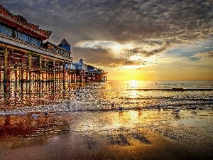 pier, sea, west, sun