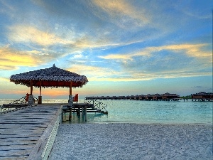 Tropical, piles, an, Beaches, sea, pier, Houses