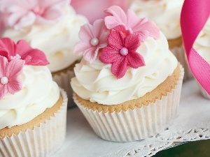Pink, cream, muffins, flowers, Muffins