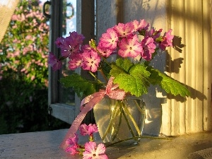 pink, bouquet, Window, flowers, Vase